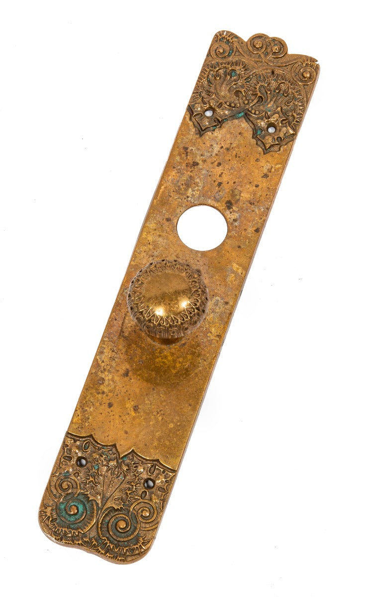oversized heavy cast bronze sullivanesque style "thistle" pattern entrance door backplate and matching doorknob