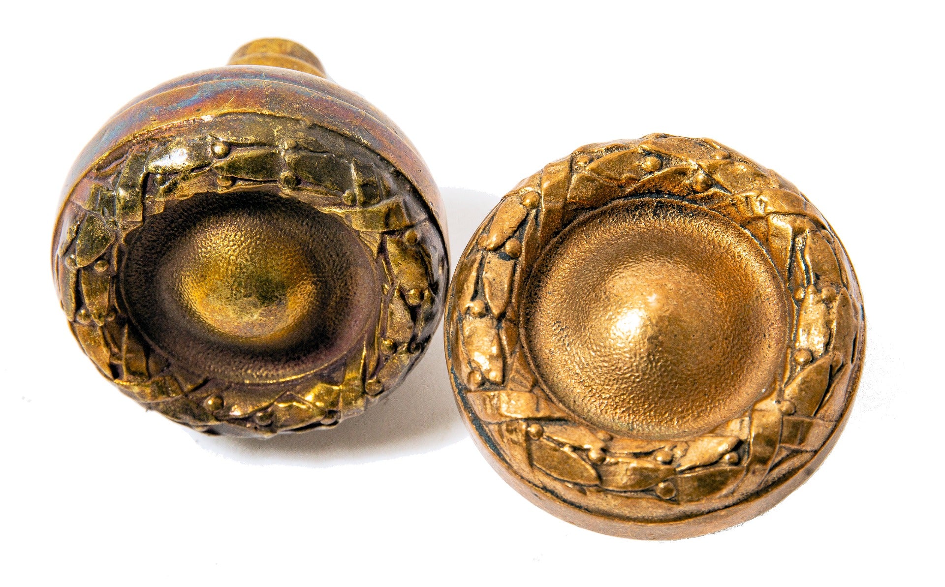two matching custom-designed downtown chicago city hall doorknobs with laurel wreath borders