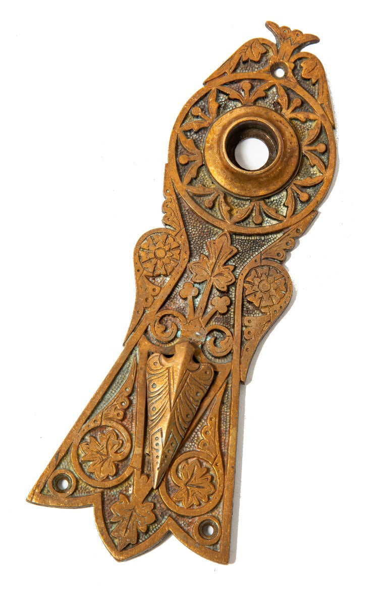 original ornamental cast bronze 1870s entrance door backplate with distinctive arrowhead swinging keyplate