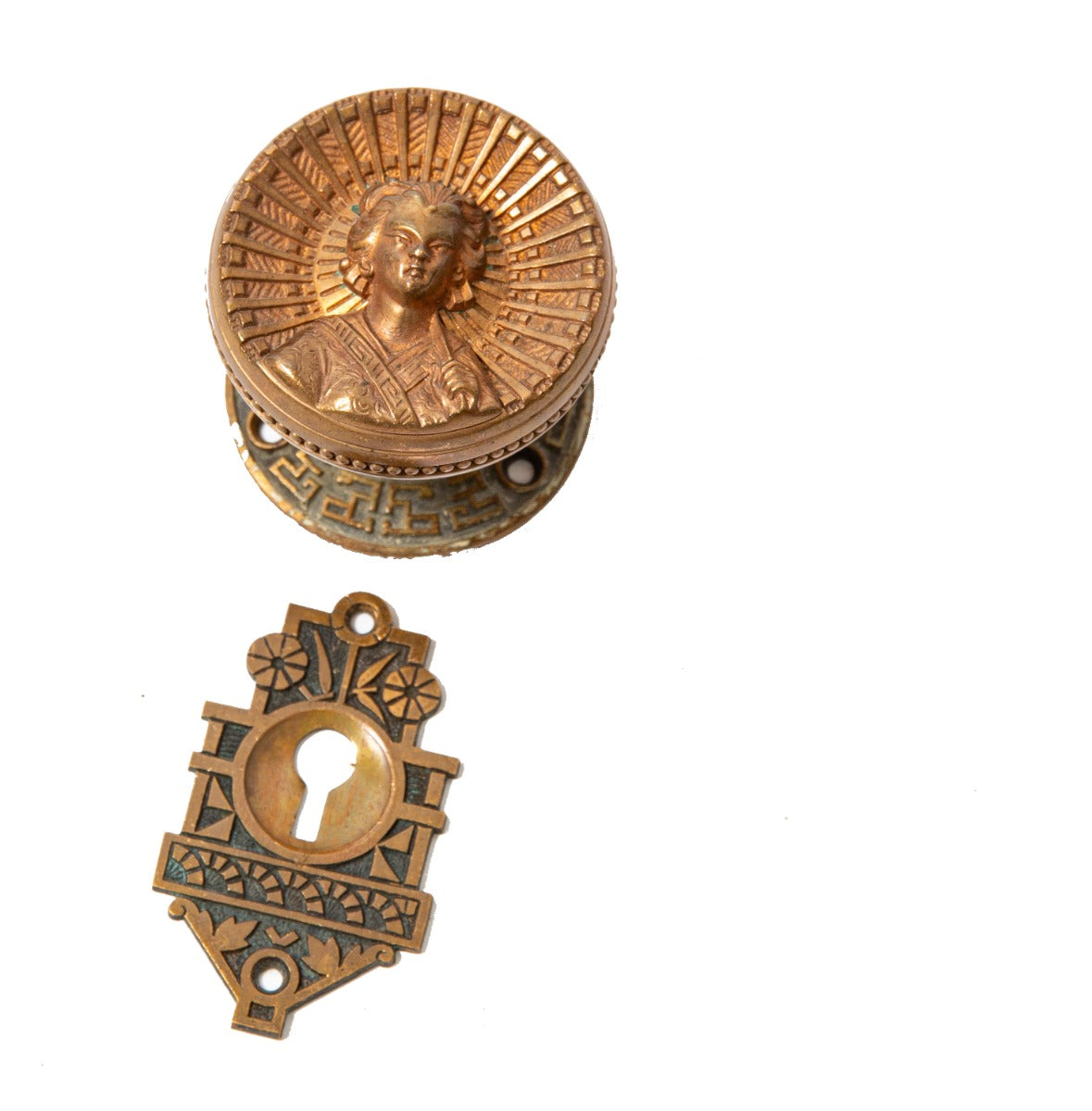 rare 1880s anglo-japanese style cast bronze geisha girl doorknob with matching rosette and keyplate