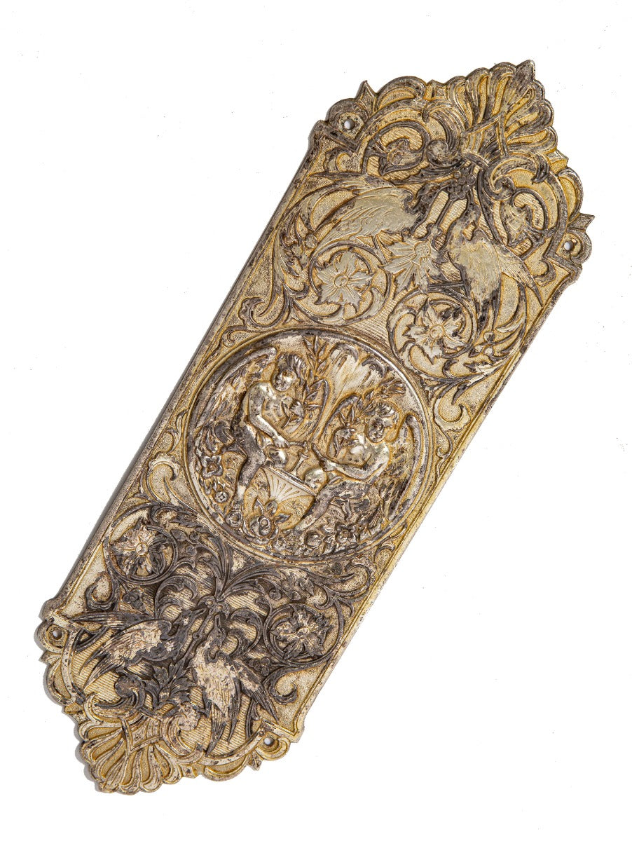 exceptionally rare all original silver-plated 1870s p.f. corbin oversized swinging door push plate
