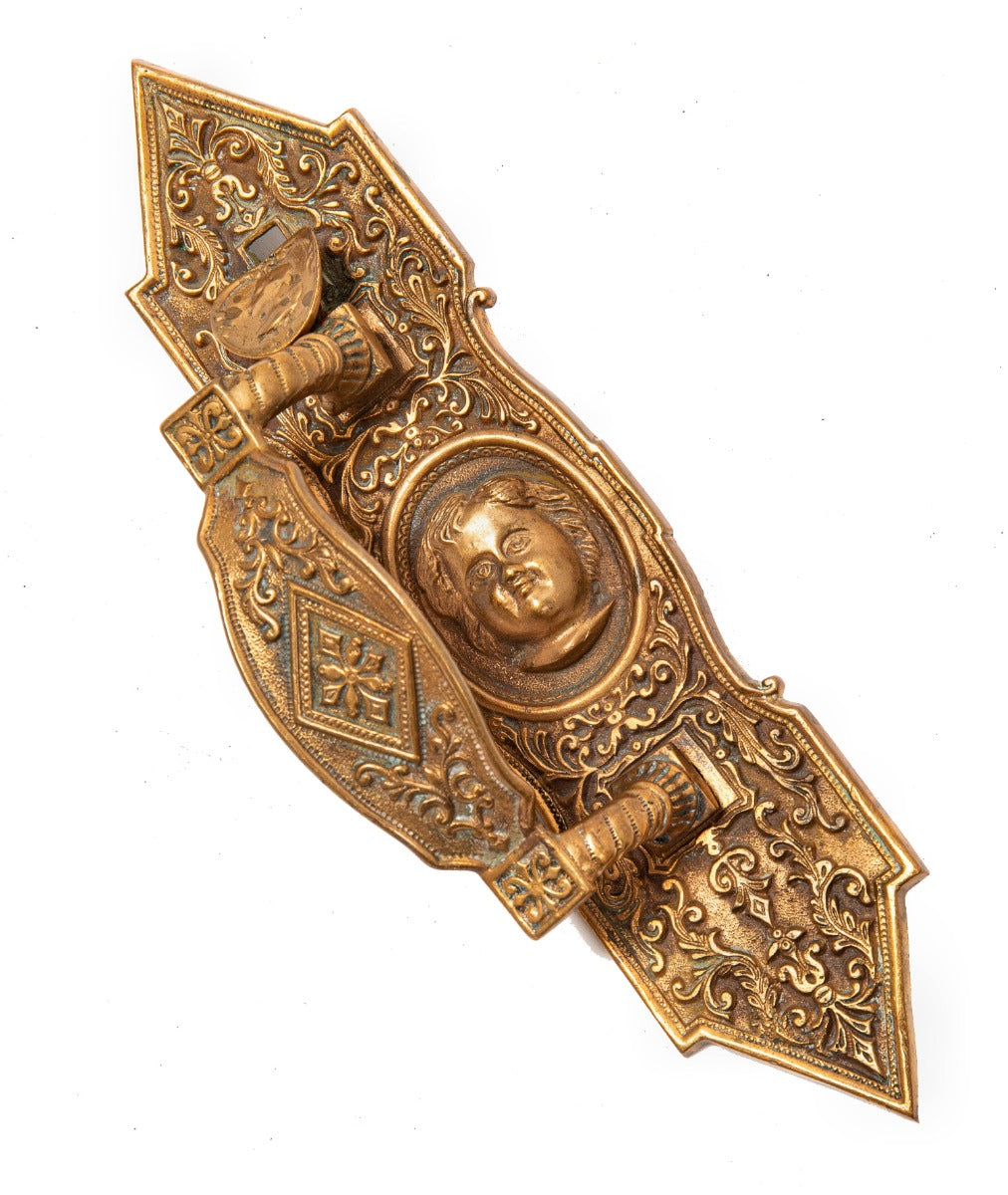 rare 1870s ornamental cast bronze salvaged chicago figural commercial store door handle with centrally located figure