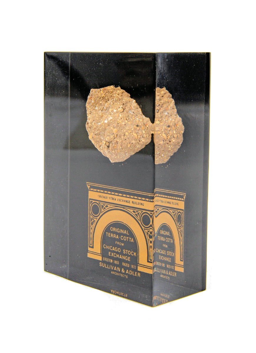 one of two original 1972 chicago stock exchange building lucite block souvenirs sold by three oaks wrecking company