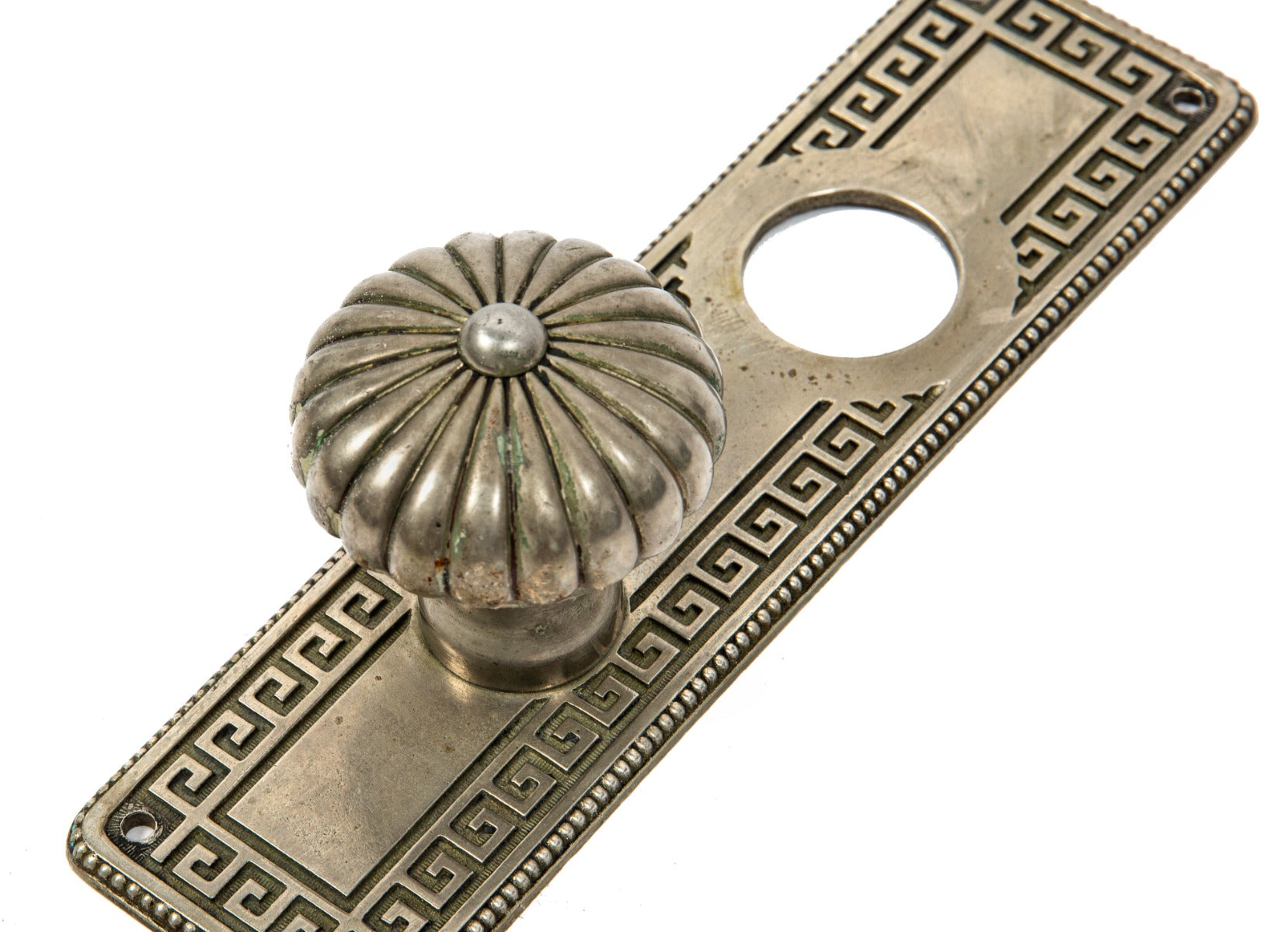 1895 martin roche-designed german-silvered bronze marquette building doorknob and backplate