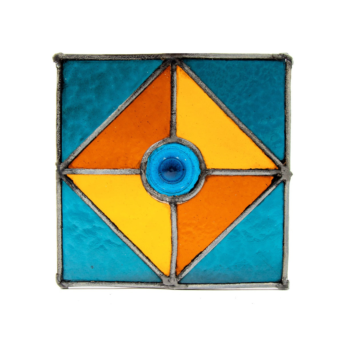 diminutive 1880s strongly geometric salvaged chicago residential stained glass panel with centrally located rondel