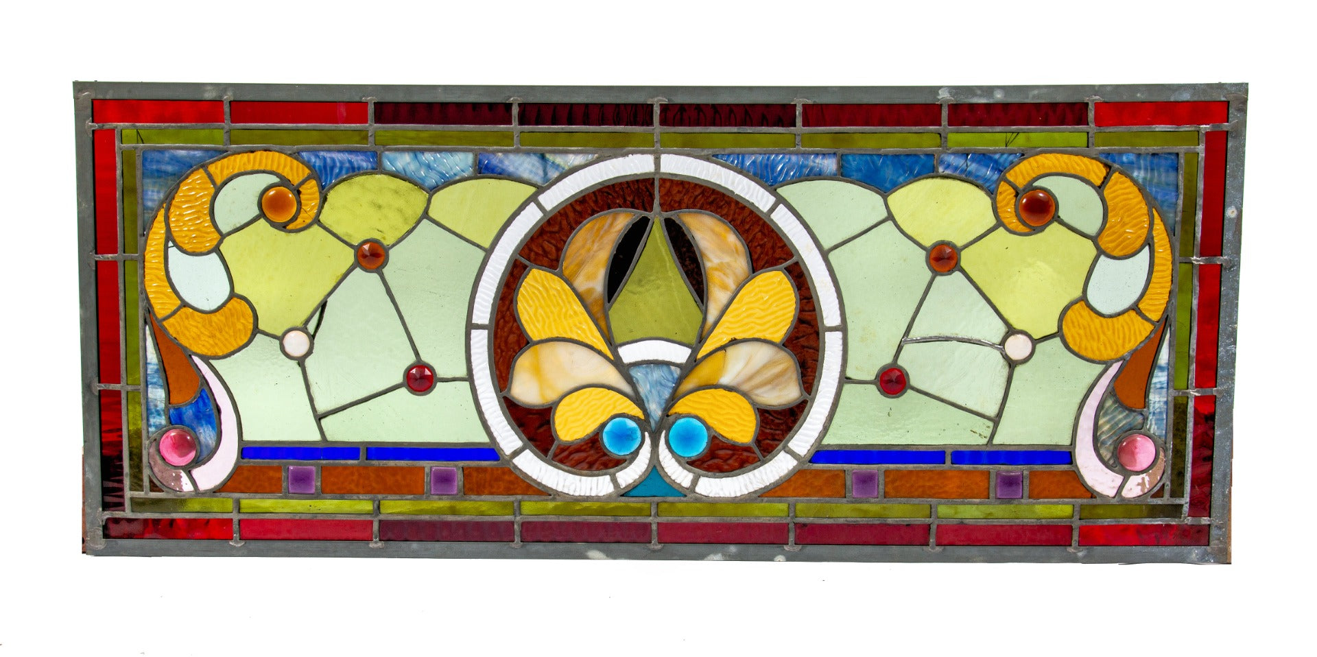 original 1890s salvaged chicago american victorian stained glass window with several multi-colored jewels