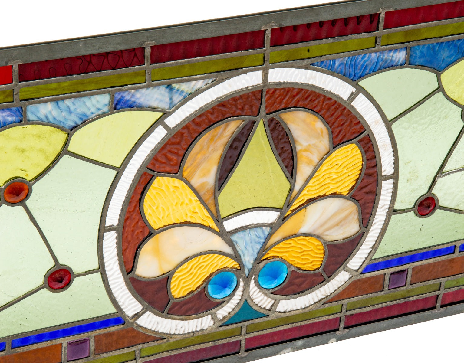 original 1890s salvaged chicago american victorian stained glass window with several multi-colored jewels