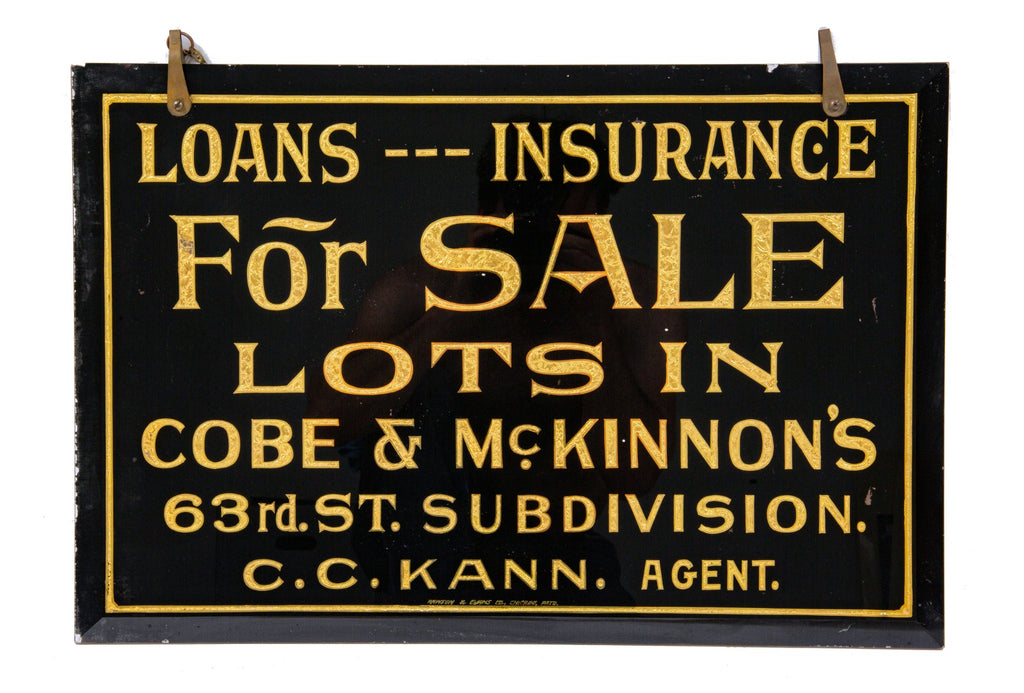 rare all original early 20th century hanging rawson and evans reverse-painted gold foil sign for cobe and mckinnon's 63rd street subdivision
