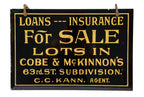 rare all original early 20th century hanging rawson and evans reverse-painted gold foil sign for cobe and mckinnon's 63rd street subdivision