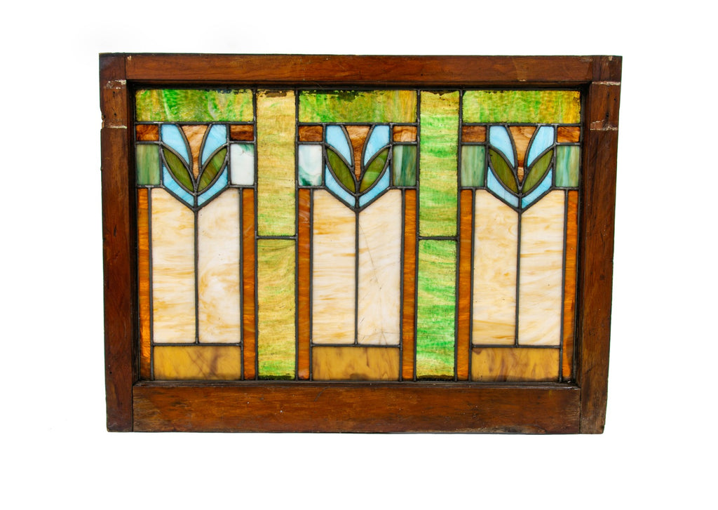 largely intact early 20th century salvaged chicago stained glass bungalow window with original varnished wood sash frame