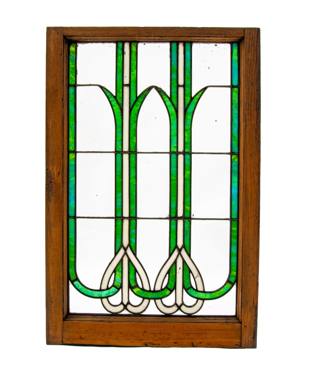 richly colored original early 20th century amerian art nouveau style leaded glass window with wood sash frame