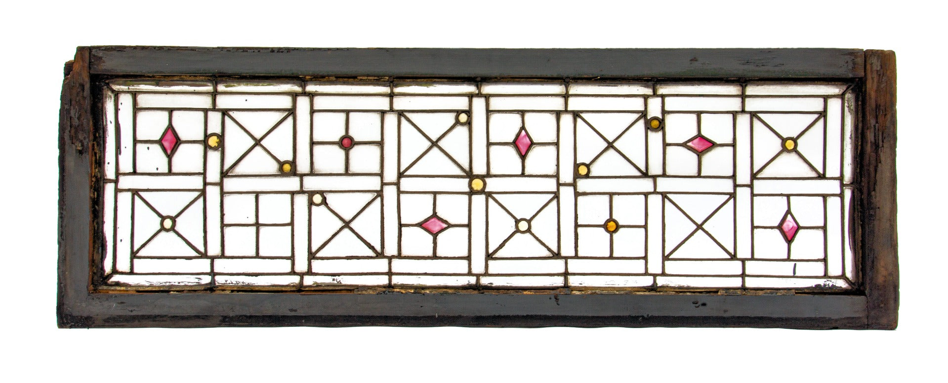 very unusual 1880s salvaged chicago custom-designed leaded glass geometric window with several oddly-shape jewels