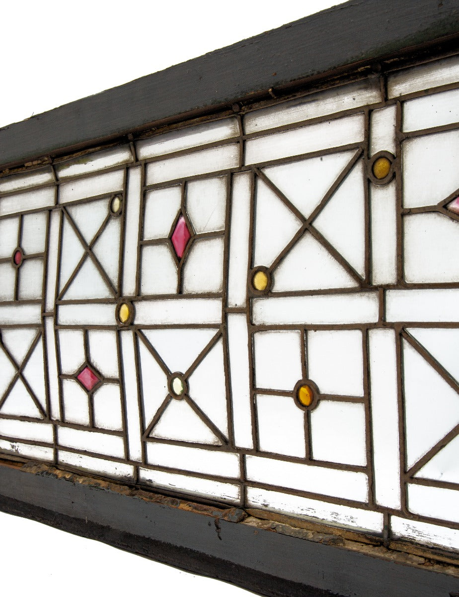 very unusual 1880s salvaged chicago custom-designed leaded glass geometric window with several oddly-shape jewels