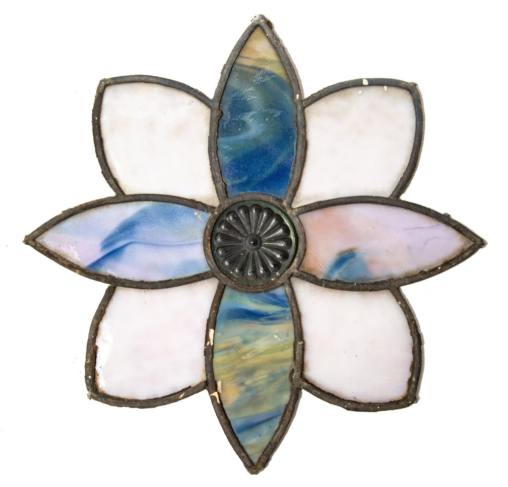 1880s original stained glass window peddled flower with oversized pressed ornamental green rondel