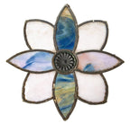 1880s original stained glass window peddled flower with oversized pressed ornamental green rondel