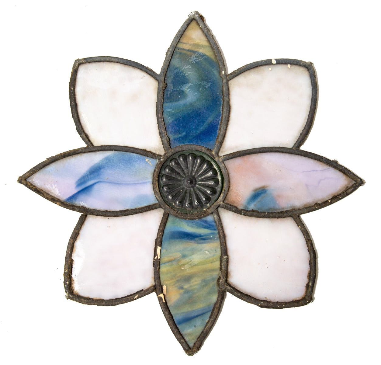 1880s original stained glass window peddled flower with oversized pressed ornamental green rondel