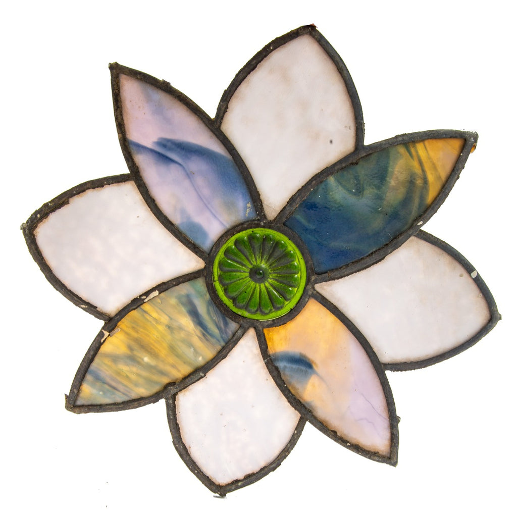 1880s original stained glass window peddled flower with oversized pressed ornamental green rondel