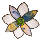 1880s original stained glass window peddled flower with oversized pressed ornamental green rondel