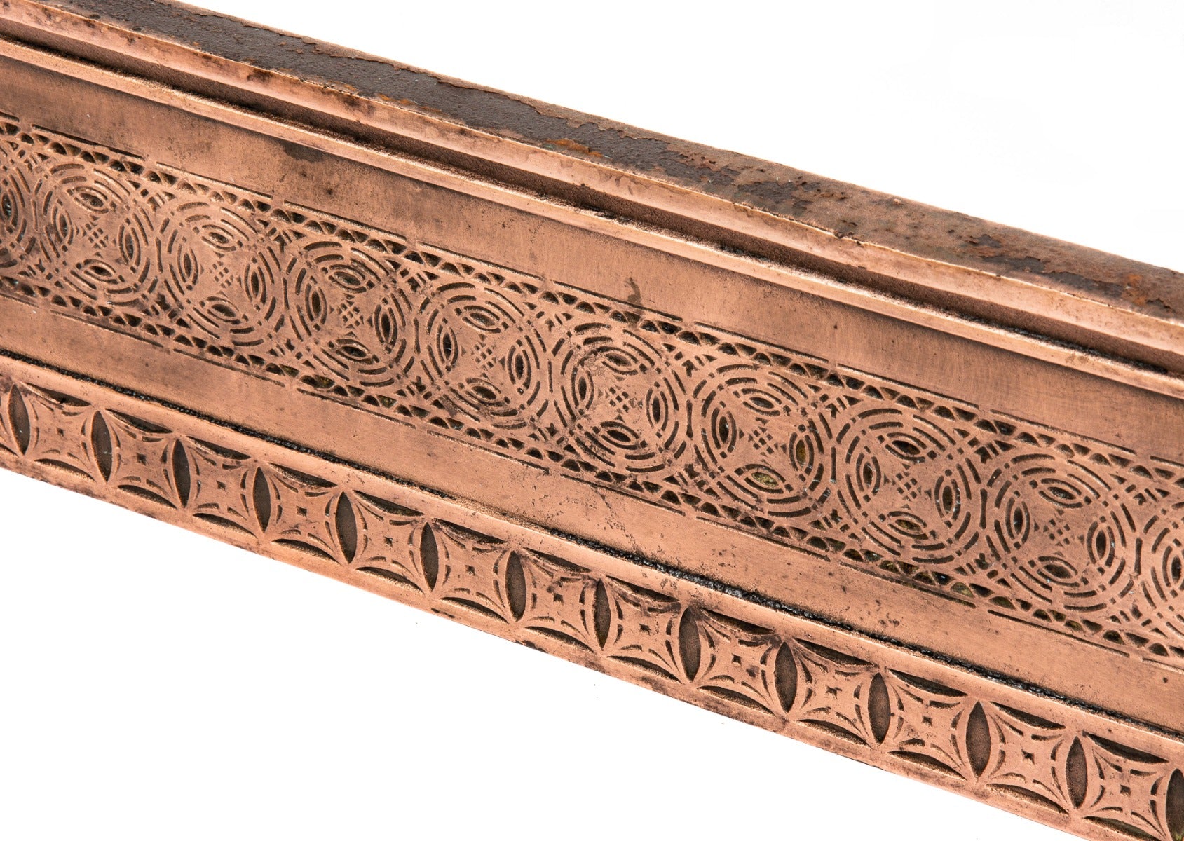 all original louis h. sullivan-designed chicago stock exchange building interior staircase riser with well-preserved copper-plated finish