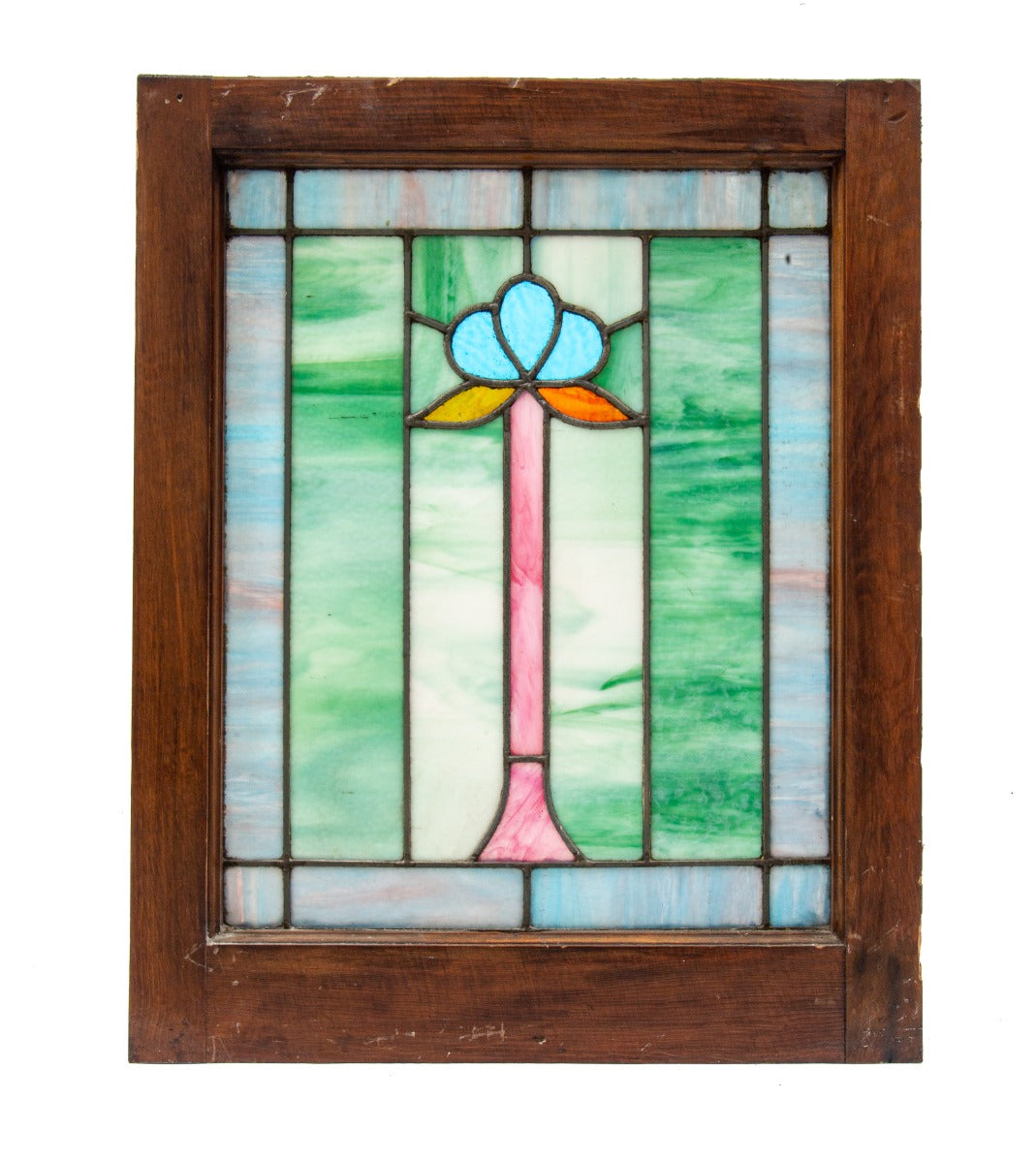 one of two matching salvaged chicago 1915-20 foster-munger-designed stained glass window with original sash frame