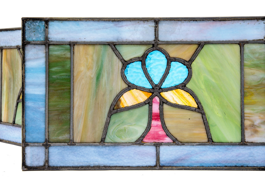 two matching early 20th century diminutive salvaged chicago arts and crafts style stained glass windows