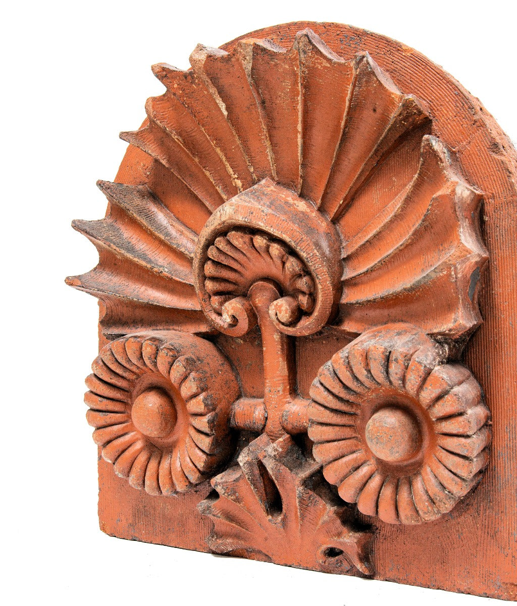 museum quality 1884 louis h. sullivan-designed exterior scoville building red slip glazed terra cotta lunette with segmented surround and deep undercuts