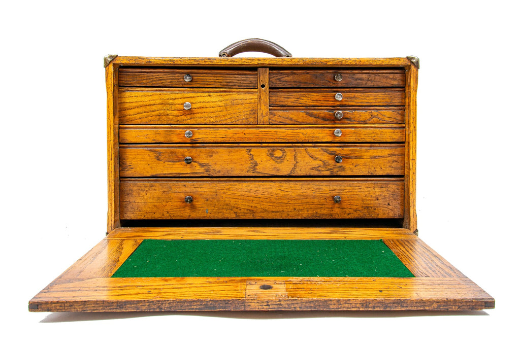 1930s original salvaged chicago american solid oak wood compartmentalized factroy machinist tool chest