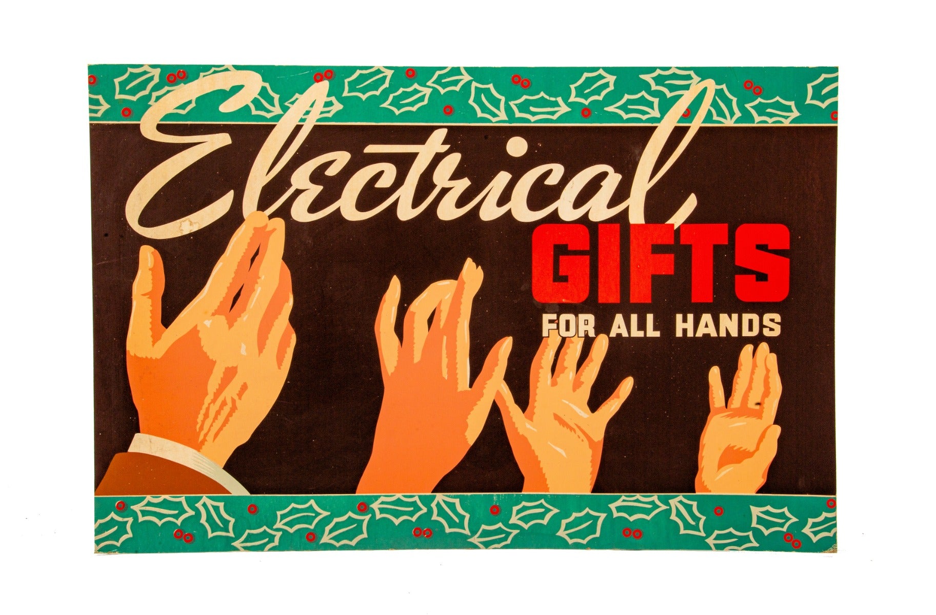 unusual 1940s oversized salvaged chicago department store "electrical gifts for all hands" christmas promotional die-cut sign