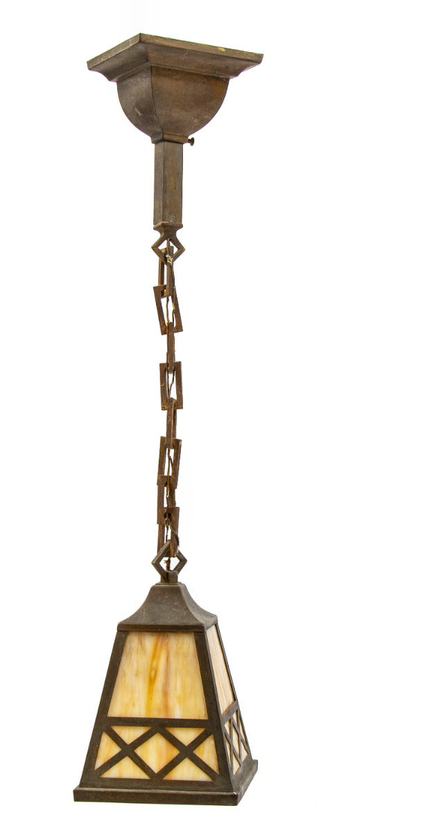 original and intact early 20th century american arts & crafts or craftsman style chicago bungalow pendant light with carmel slag glass