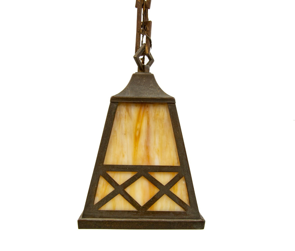 original and intact early 20th century american arts & crafts or craftsman style chicago bungalow pendant light with carmel slag glass