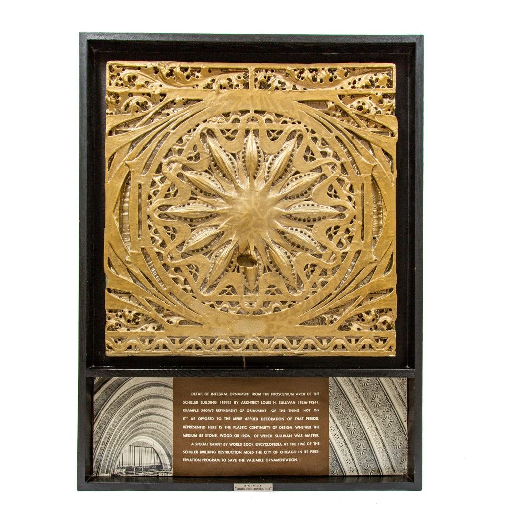 rare museum-quality 1961 world book encyclopedia custom shadowbox-framed schiller building theater plaster starpod with placard, plaque, and richard nickel images