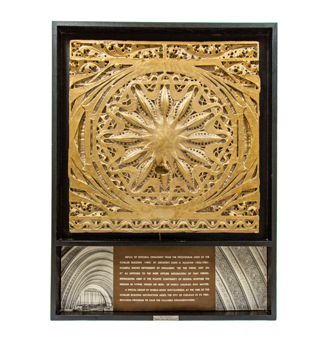 rare museum-quality 1961 world book encyclopedia custom shadowbox-framed schiller building theater plaster starpod with placard, plaque, and richard nickel images