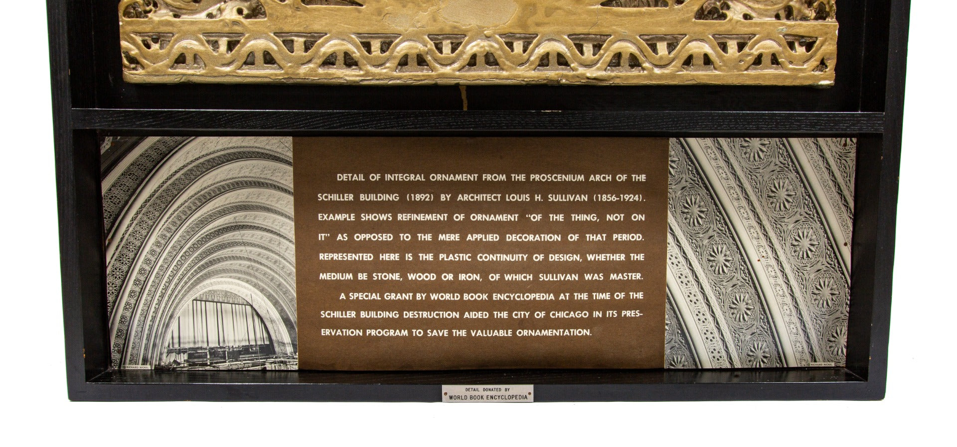 rare museum-quality 1961 world book encyclopedia custom shadowbox-framed schiller building theater plaster starpod with placard, plaque, and richard nickel images