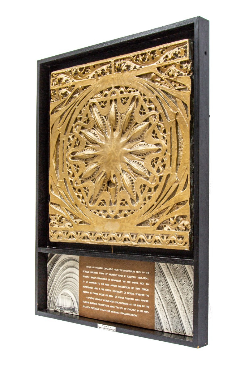 rare museum-quality 1961 world book encyclopedia custom shadowbox-framed schiller building theater plaster starpod with placard, plaque, and richard nickel images