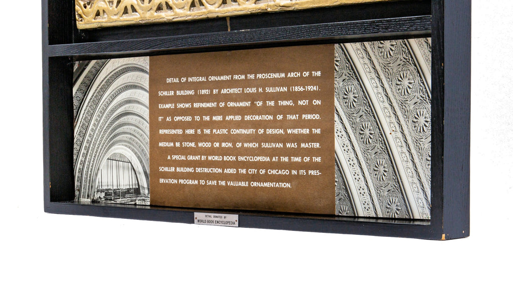 rare museum-quality 1961 world book encyclopedia custom shadowbox-framed schiller building theater plaster starpod with placard, plaque, and richard nickel images