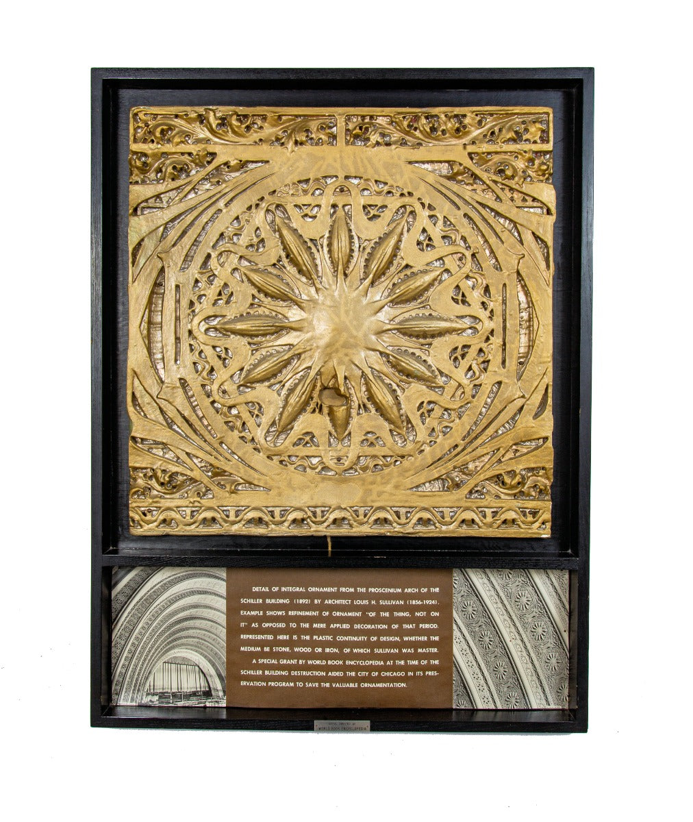 rare museum-quality 1961 world book encyclopedia custom shadowbox-framed schiller building theater plaster starpod with placard, plaque, and richard nickel images