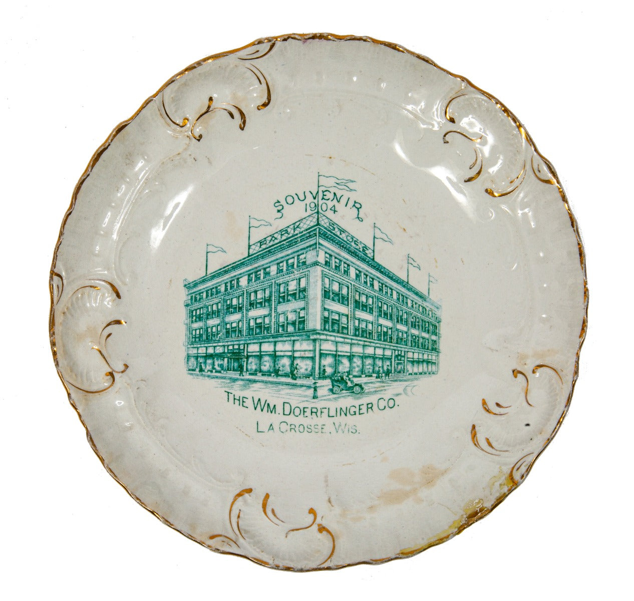 hard to find early 20th century william doerflinger department store souvenir plate (after 1903 fire)
