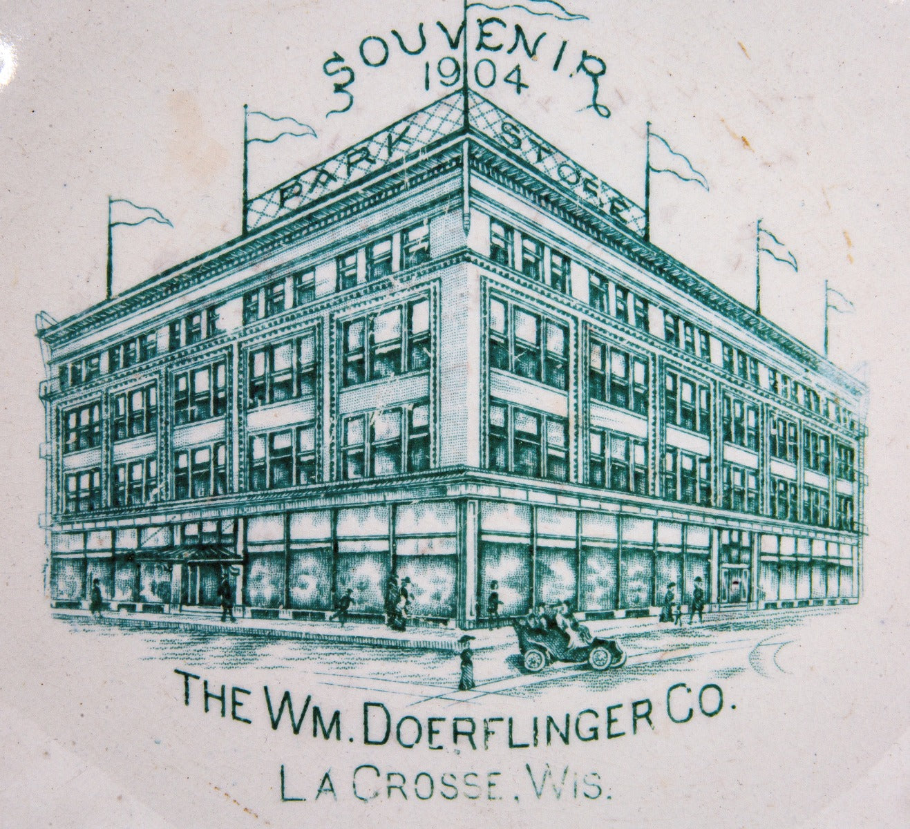 hard to find early 20th century william doerflinger department store souvenir plate (after 1903 fire)