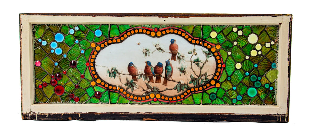 stunning 1880s original museum quality high victorian-era residential transom window bedecked with several faceted jewels