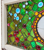 stunning 1880s original museum quality high victorian-era residential transom window bedecked with several faceted jewels