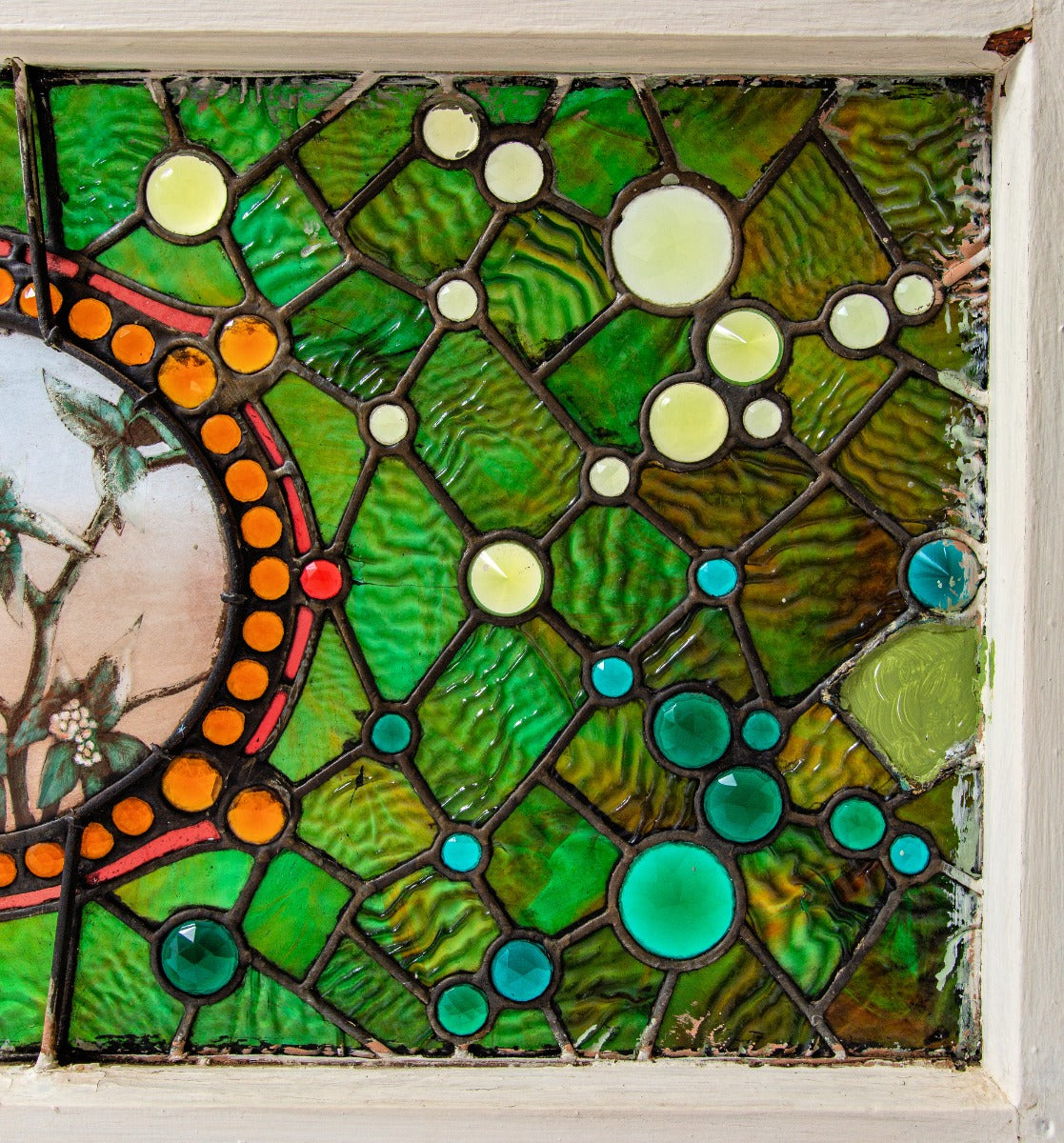 stunning 1880s original museum quality high victorian-era residential transom window bedecked with several faceted jewels