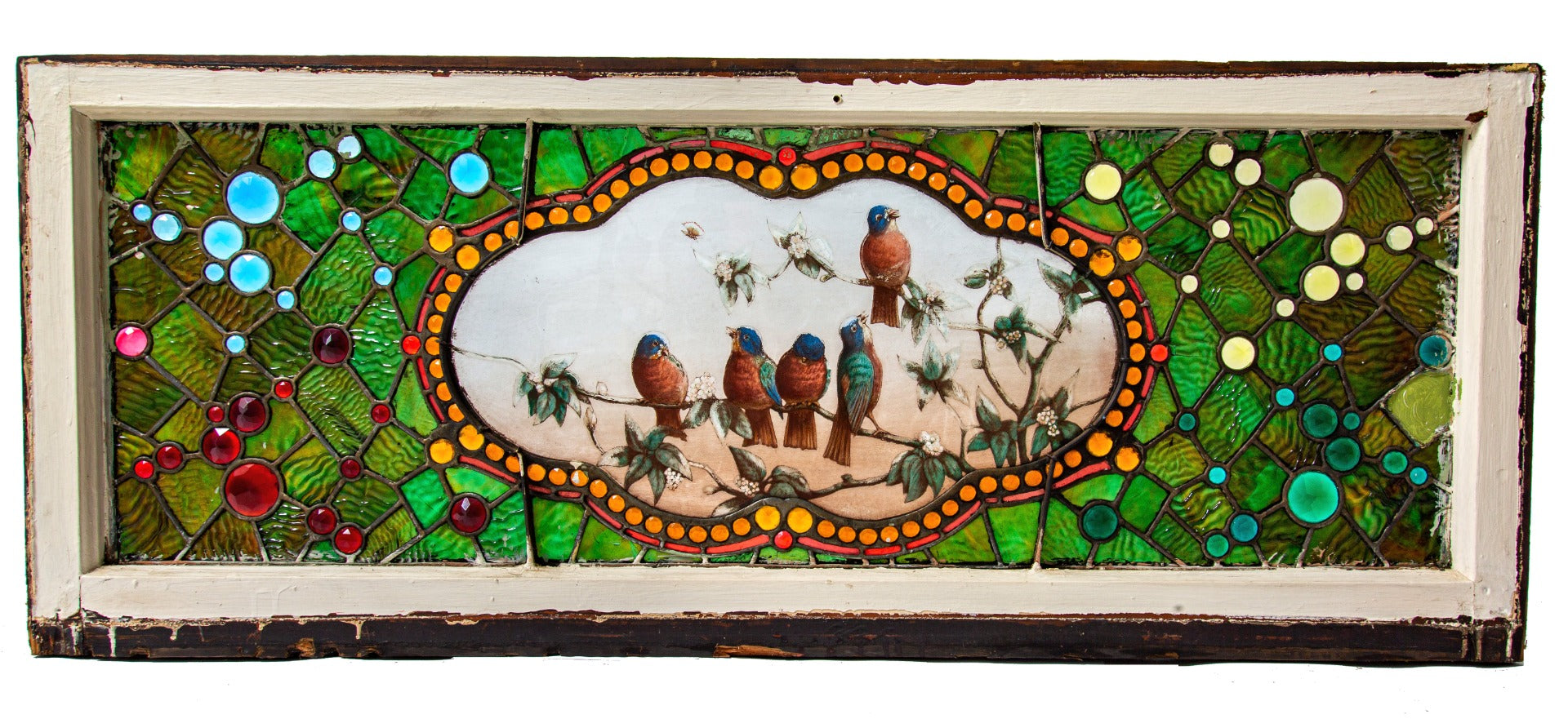 stunning 1880s original museum quality high victorian-era residential transom window bedecked with several faceted jewels