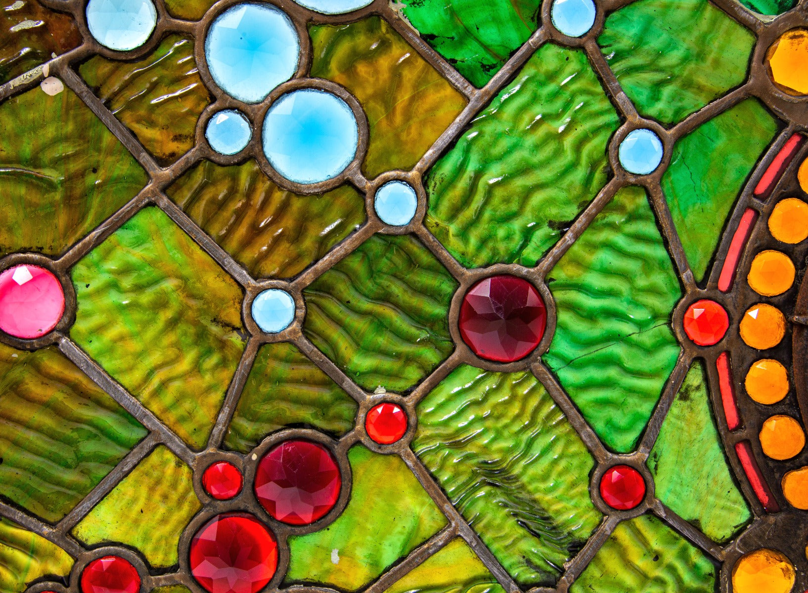 stunning 1880s original museum quality high victorian-era residential transom window bedecked with several faceted jewels