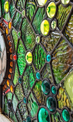 stunning 1880s original museum quality high victorian-era residential transom window bedecked with several faceted jewels