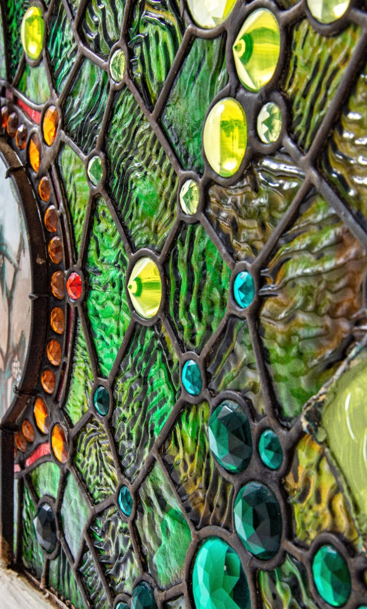 stunning 1880s original museum quality high victorian-era residential transom window bedecked with several faceted jewels