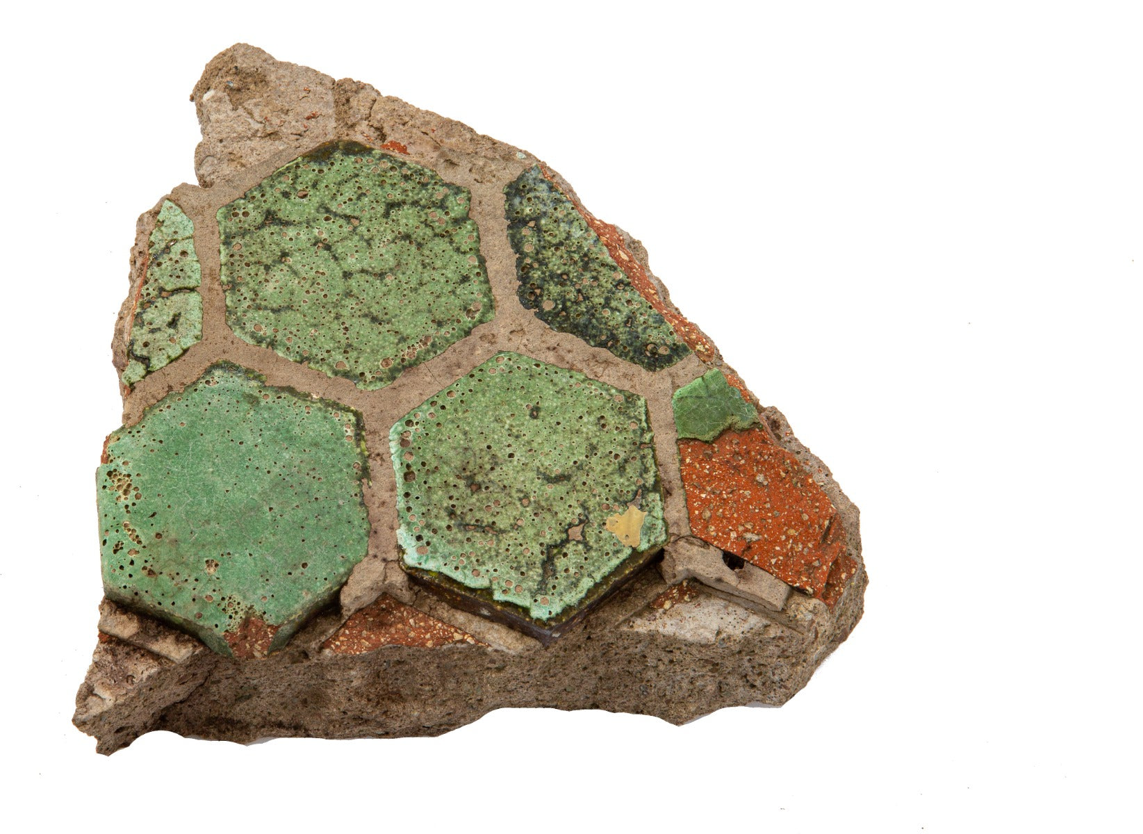 documented grueby tile lavatory room floor fragment salvaged from the home of claude bragdon (1902)