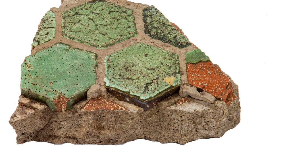 documented grueby tile lavatory room floor fragment salvaged from the home of claude bragdon (1902)