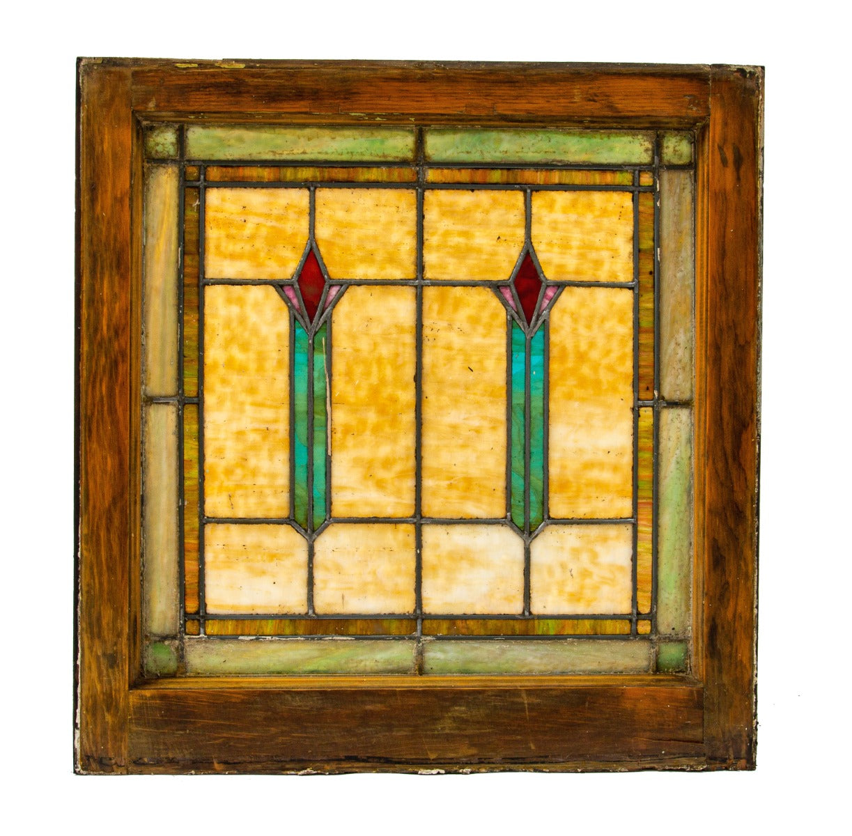 strongly geometric style original early 20th century antique american salvaged chicago stained glass window with abstract flowers
