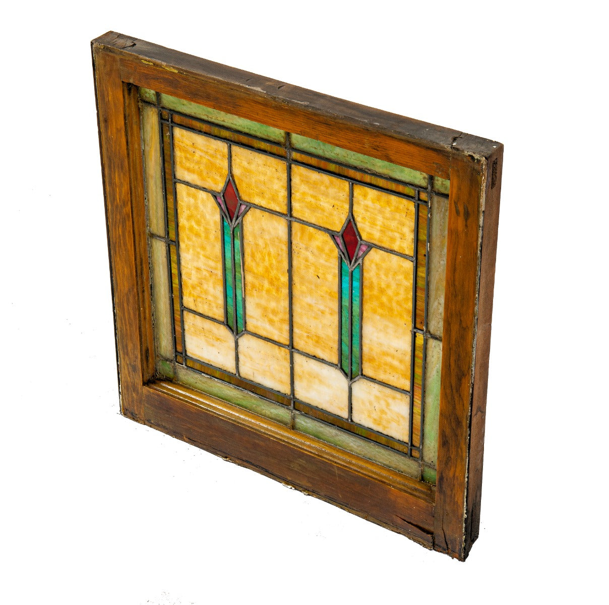 strongly geometric style original early 20th century antique american salvaged chicago stained glass window with abstract flowers