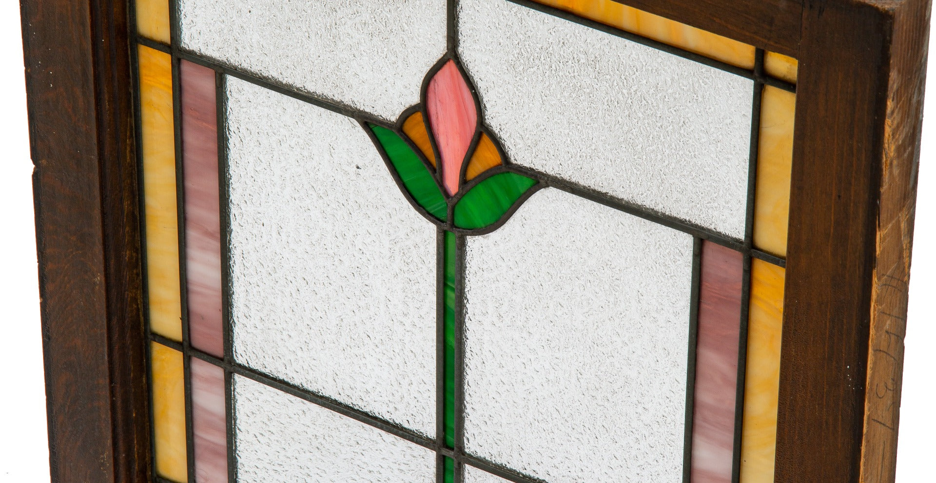 original foster and munger-designed salvaged chicago 1920s bungalow stained glass window with centrally located flower